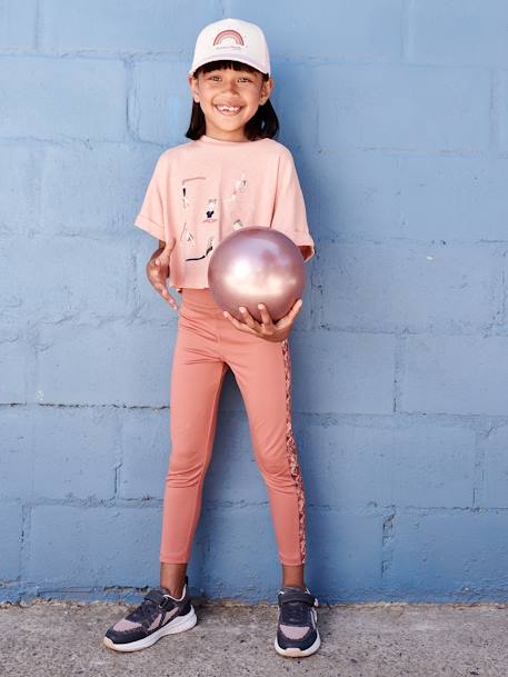 Sportlegging voor meisjes van technisch materiaal met stroken aan de zijkant en bloemenprint terracotta - vertbaudet enfant 