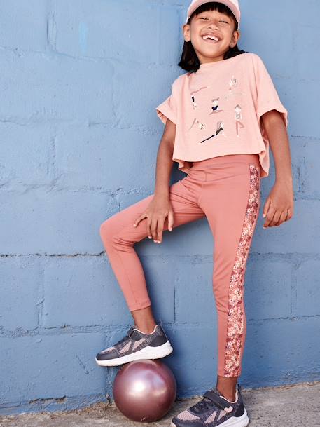 Sportlegging voor meisjes van technisch materiaal met stroken aan de zijkant en bloemenprint terracotta - vertbaudet enfant 