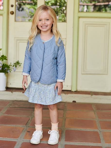 Gewatteerd jack in chambray voor meisjes met gebloemde voering double stone - vertbaudet enfant 