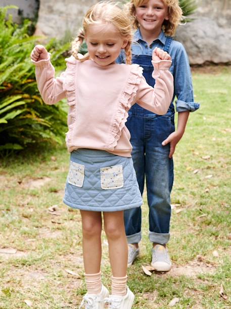 Rok van gewatteerd denim voor meisjes met zakken en bloemenprint double stone - vertbaudet enfant 