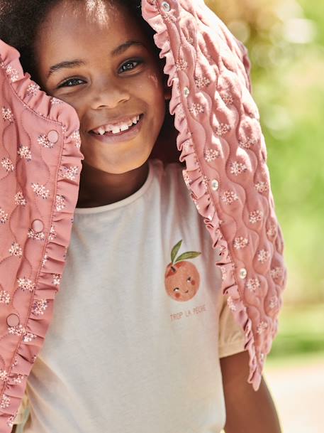 Meisjes t-shirt met bolletjesmouw en fruitmotief op de borst ecru+lichtroze - vertbaudet enfant 