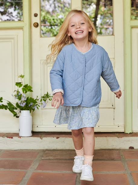 Gewatteerd jack in chambray voor meisjes met gebloemde voering double stone - vertbaudet enfant 