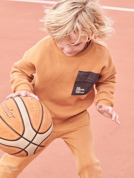 Sporttrui met zakje van twee materialen jongens pecannoot - vertbaudet enfant 