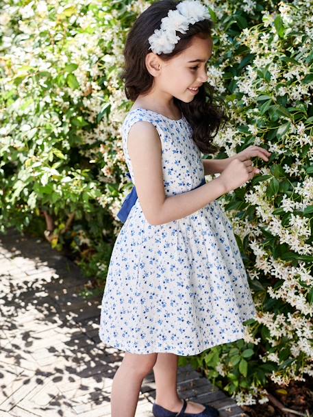 Feestelijke jurk met bloemen en reli‘fborduurwerk en een riem op de rug gebonden ecru - vertbaudet enfant 