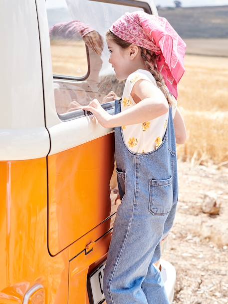 Meisjessalopette in jeansstof met geborduurde bloemen stone - vertbaudet enfant 