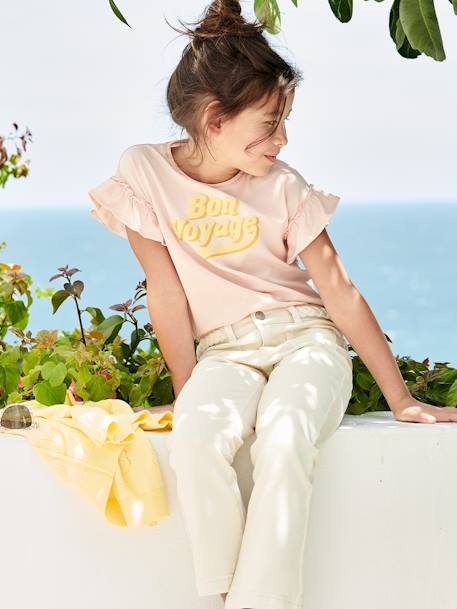 Meisjes-T-shirt met print in zwelinkt en korte mouwen met ruches lichtroze - vertbaudet enfant 