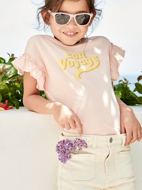 Meisjes-T-shirt met print in zwelinkt en korte mouwen met ruches lichtroze - vertbaudet enfant 