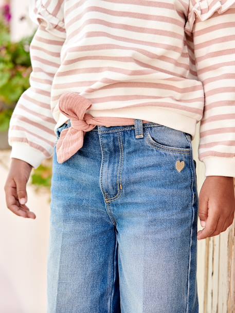 Wijde jeans met een riem van katoenen gaas meisjes op enkelhoogte double stone+stone - vertbaudet enfant 