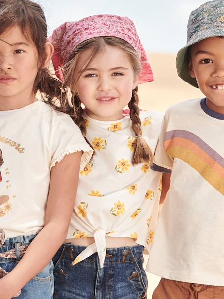 Gestreept T-shirt voor meisjes met sierstrik ecru+kaki+marineblauw+rose paars bedrukt+vanille - vertbaudet enfant 