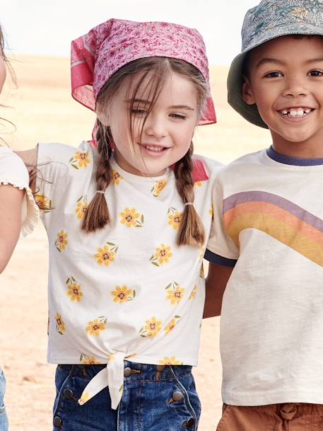 Gestreept T-shirt voor meisjes met sierstrik ecru+kaki+marineblauw+rose paars bedrukt+vanille+wit / rood - vertbaudet enfant 