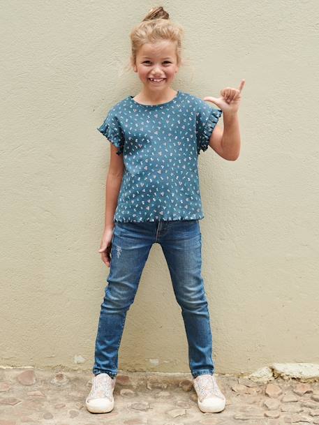 Geribd meisjes-T-shirt met bloemenprint ecru+inktblauw - vertbaudet enfant 