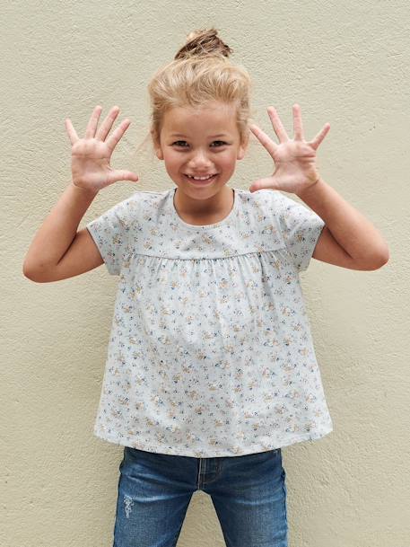 Blouse-T-shirt met bloemenprint voor meisjes ecru+hemelsblauw - vertbaudet enfant 