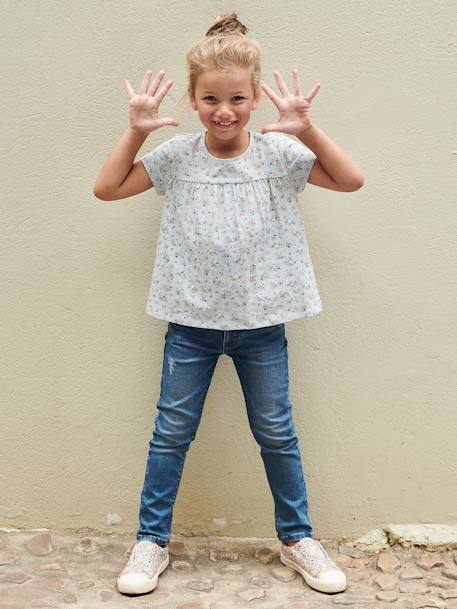 Blouse-T-shirt met bloemenprint voor meisjes ecru+hemelsblauw - vertbaudet enfant 