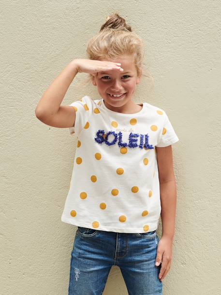 Meisjesshirt met bloemenmotief en gezichtje ecru+poederroze - vertbaudet enfant 