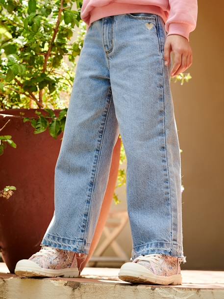 Wijde meisjesjeans met rafels aan de onderkant denimgrijs+gebleekt denim+hemelsblauw+jeansblauw+stone - vertbaudet enfant 