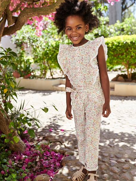 Meisjesjumpsuit met bloemen en ruches ecru - vertbaudet enfant 