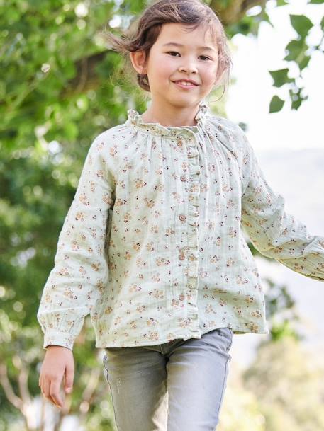 Personaliseerbare overhemd met ruches van katoengaas voor meisjes met bloemenprint blauwgroen+ecru+lichtroze+terracottategel - vertbaudet enfant 