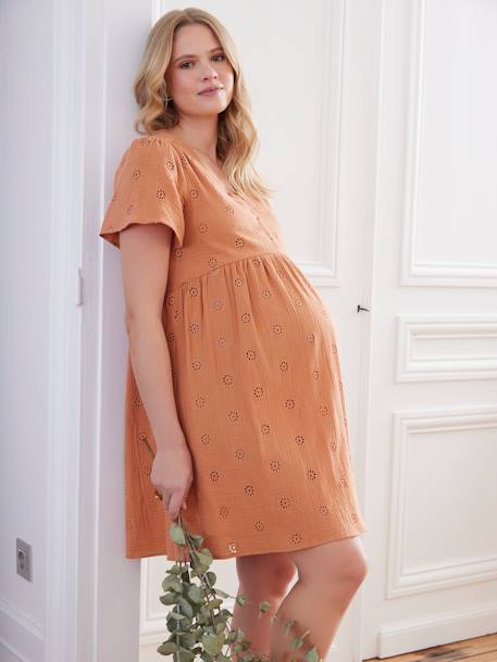 Zwangerschaps- en borstvoedingsjurk van katoengaas ecru+terracotta - vertbaudet enfant 