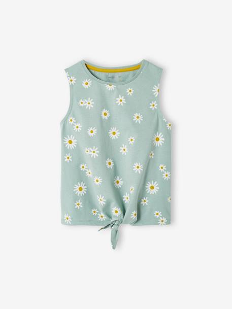 Bedrukte tanktop met knoop voor meisjes ecru+grijsblauw+ongewassen denim - vertbaudet enfant 