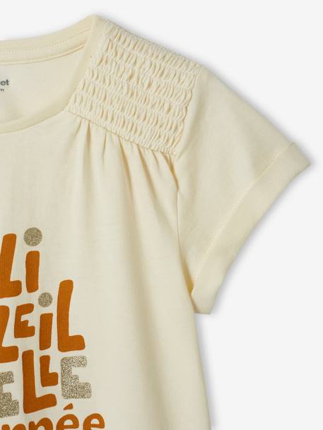 T-shirt met iriserende boodschap voor meisjes met gesmokte schouders ecru - vertbaudet enfant 