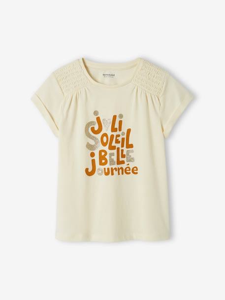 T-shirt met iriserende boodschap voor meisjes met gesmokte schouders ecru - vertbaudet enfant 