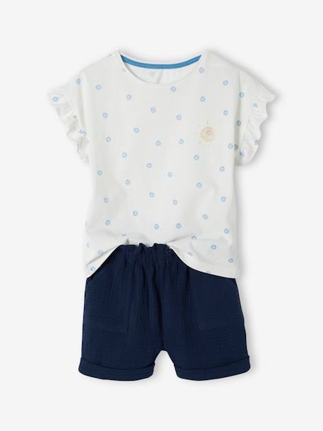 Set voor meisjes T-shirt en short van katoengaas marineblauw+perzik - vertbaudet enfant 