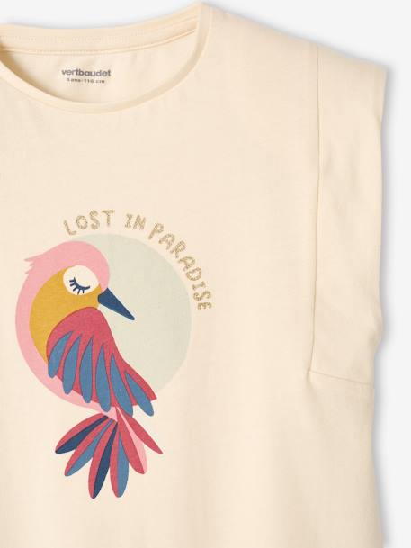 Meisjesshirt met paradijsvogel en schoudermouwen ecru+snoepjesroze - vertbaudet enfant 