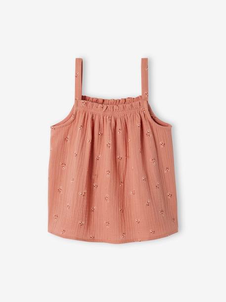 Meisjesblouse met schouderbandjes van katoengaas ecru+fluoriserend koraal+koraal+wit, bedrukt+zandbeige - vertbaudet enfant 