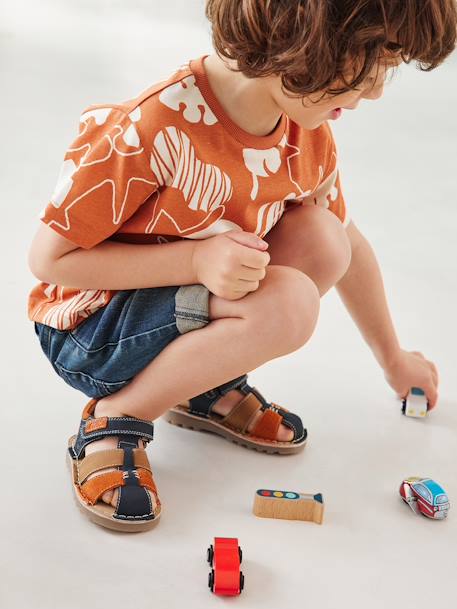 Leren sandalen met klittenband kinderen kleutercollectie beige+marineblauw+veel blauw - vertbaudet enfant 