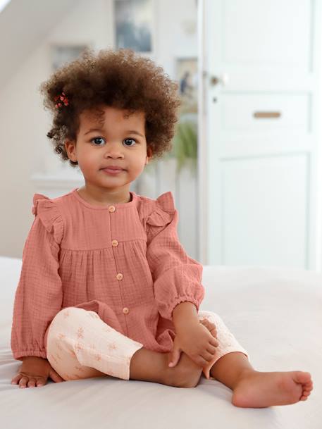 Babyblouse van katoengaas met ruches hemelsblauw+ijsblauw+oudroze - vertbaudet enfant 