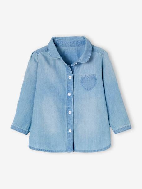 Personaliseerbare overhemd van afgewassen jeans babymeisje GEBLEEKTE DENIM - vertbaudet enfant 