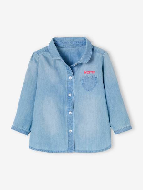 Personaliseerbare overhemd van afgewassen jeans babymeisje GEBLEEKTE DENIM - vertbaudet enfant 