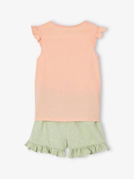 Set met T-shirt met ruches en strikeffect en short blauwgroen+goudgeel+koraal - vertbaudet enfant 