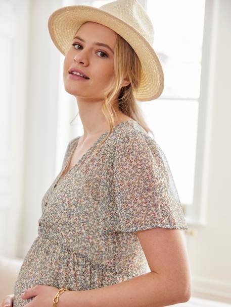 Lange jurk met ruches van crpe met print, voor zwangerschap en borstvoeding zandbeige - vertbaudet enfant 
