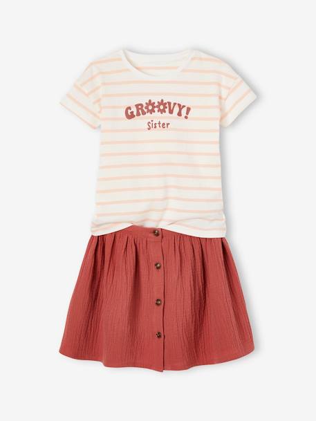 Set T-shirt en rok van katoengaas voor meisjes ecru+terracotta - vertbaudet enfant 