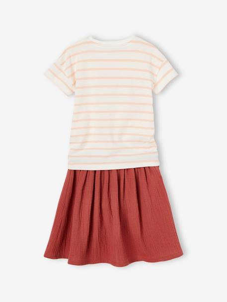 Set T-shirt en rok van katoengaas voor meisjes ecru+terracotta - vertbaudet enfant 