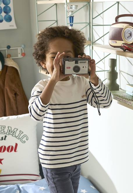 Marine t-shirt voor jongens met fluwelen flocking op de borst gestreept inktzwart+gestreept ivoor - vertbaudet enfant 