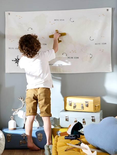 Wereldkaart stoffen wandkaart BEIGE LICHT UNI MET DECOR - vertbaudet enfant 