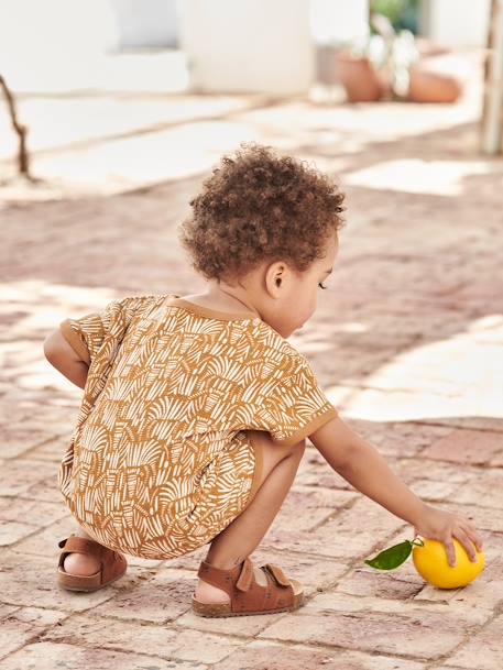 Babysandalen voor jongens van leer met klittenband beige, bedrukt+bruin+rood - vertbaudet enfant 