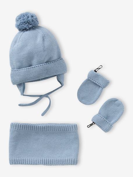 Set voor babyjongen met mutsje + snood + wanten BASICS blauwgroen+grijsblauw - vertbaudet enfant 