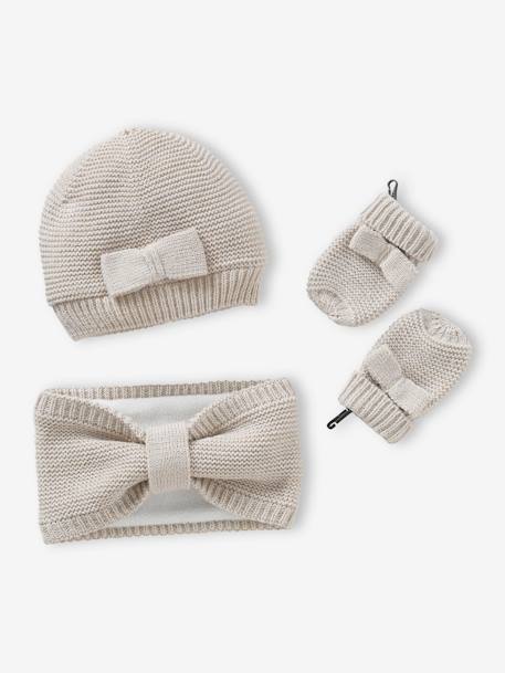 Set voor babymeisjes muts + snood + wanten strikjes ecru - vertbaudet enfant 