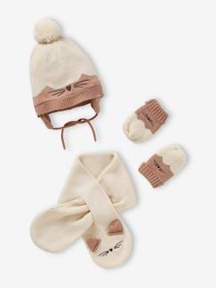 Baby-Accessoires-Overige accessoires-Set voor babymeisjes met muts + sjaal + wanten poes