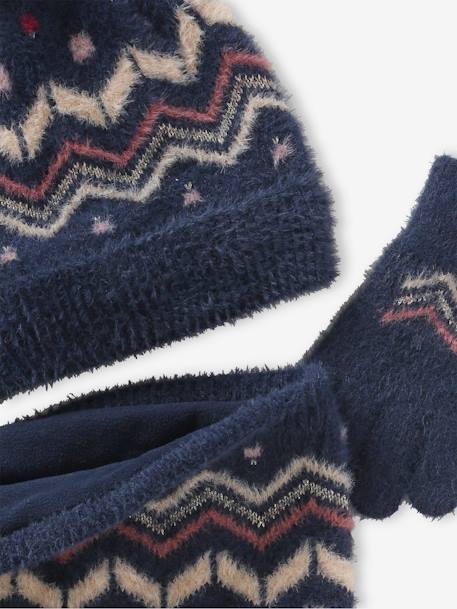 Meisjesset muts + snood + wanten of handschoenen zachte jacquard nachtblauw - vertbaudet enfant 