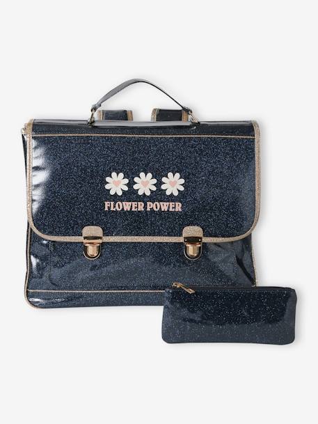 Schooltas + Flower power' glitter etui nachtblauw - vertbaudet enfant 