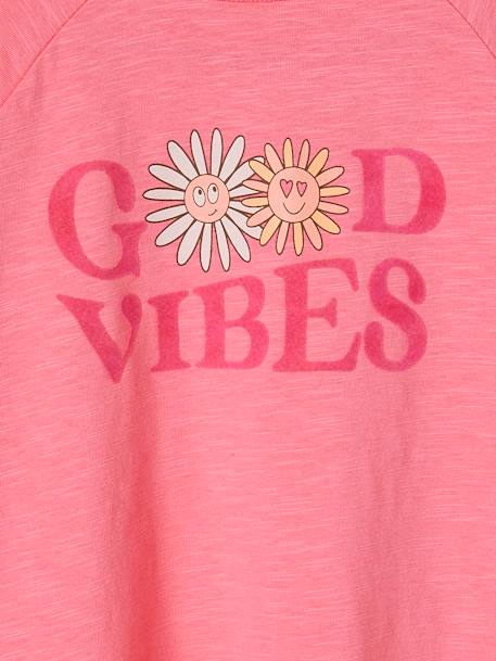 Flatlock T-shirt met fluweel en bloemen met meisjesanimatie 'good vibes' snoepjesroze - vertbaudet enfant 