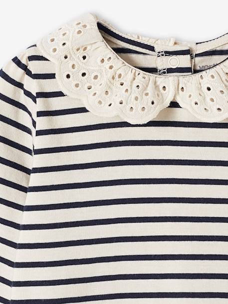 Baby T-shirt met geborduurde kraag en lange mouwen lichtbeige+marineblauw, gestreept - vertbaudet enfant 