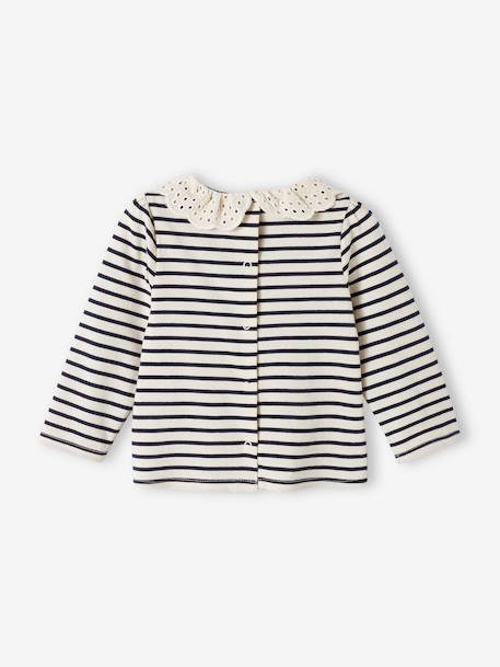 Baby T-shirt met geborduurde kraag en lange mouwen lichtbeige+marineblauw, gestreept - vertbaudet enfant 