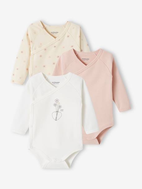 Set van 3 boeket babyrompertjes met lange mouwen en opening voor pasgeborenen roze (poederkleur) - vertbaudet enfant 