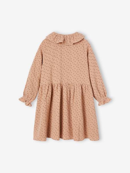 Jurk met knoopjes van katoengaas beige (poederkleur)+chocoladebruin - vertbaudet enfant 