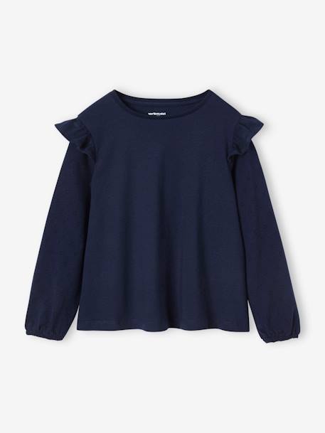T-shirt BASICS met lange mouwen en ruches voor meisjes ecru+marineblauw+rozenhout - vertbaudet enfant 